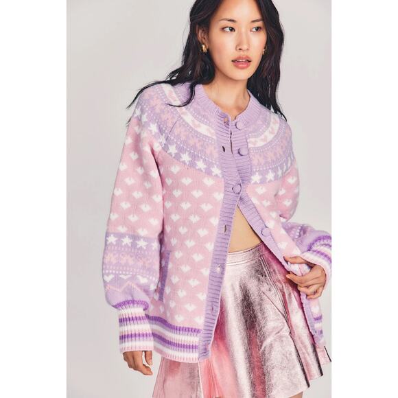 LoveShackFancy Amalo Boyfriend Cardigan Sweater Macaron Pink heart bow size S - Picture 1 of 16